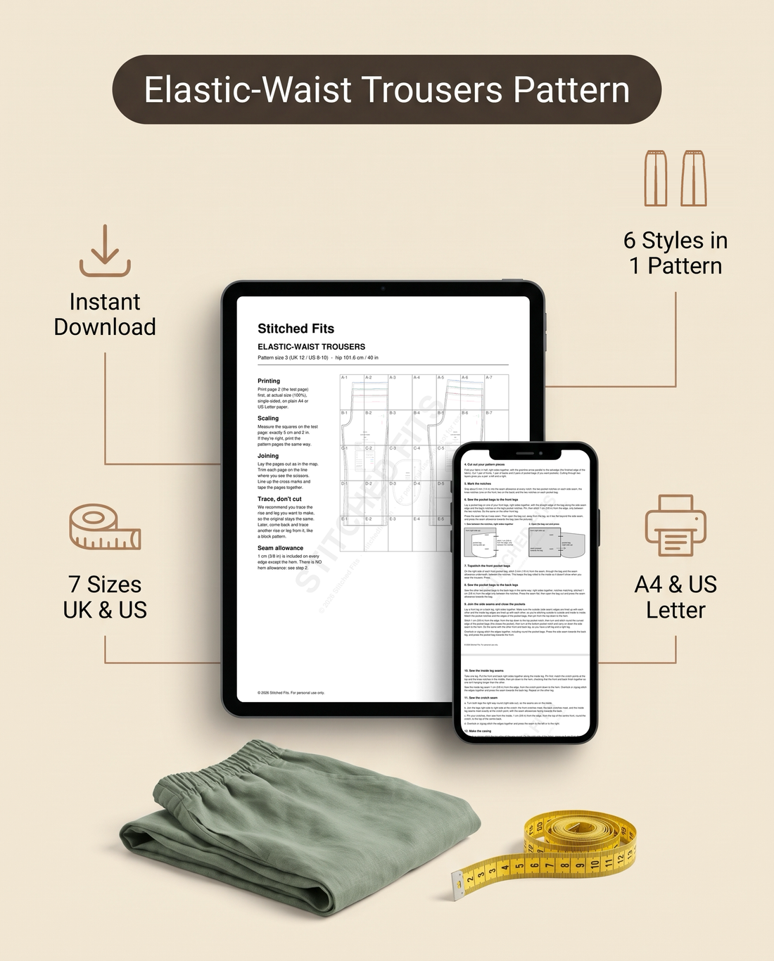 Elastic-Waist Trousers Pattern: a PDF sewing pattern with 6 styles in 1 pattern, 7 sizes, A4 and US Letter